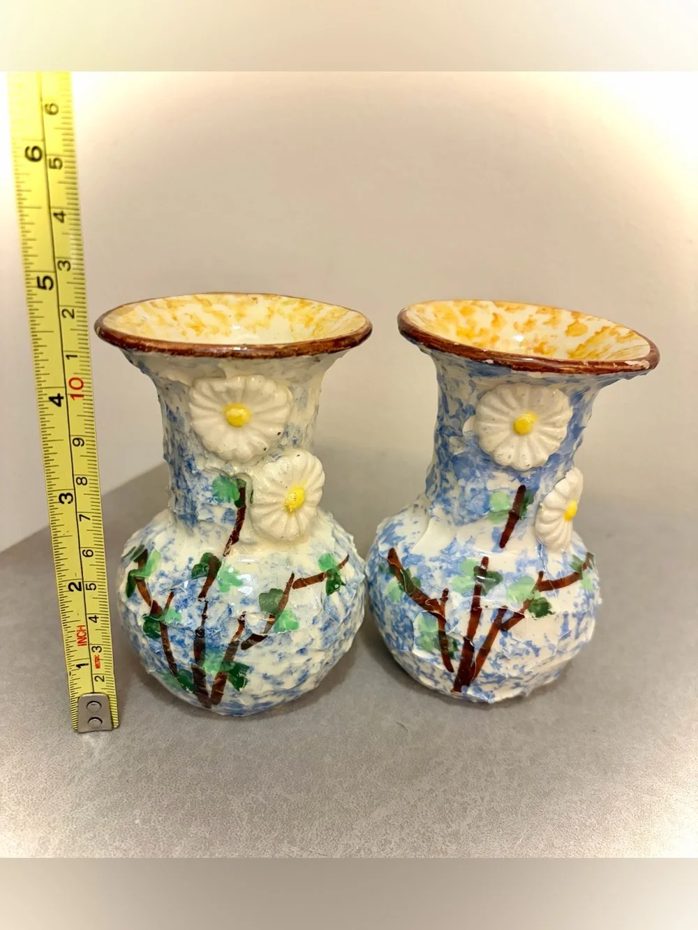 Pair Vintage Italy Hand-Painted Floral Textured Vases Blue White Signed 4.5”